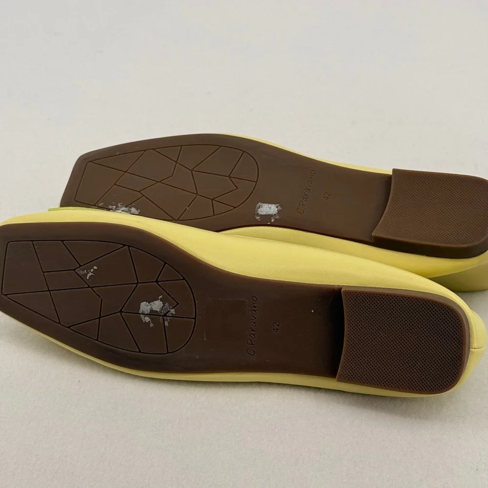 C.Paravano Women Pastel Yellow Square Toe Bow Ballet Flats Size 42 LimeGreen Bow